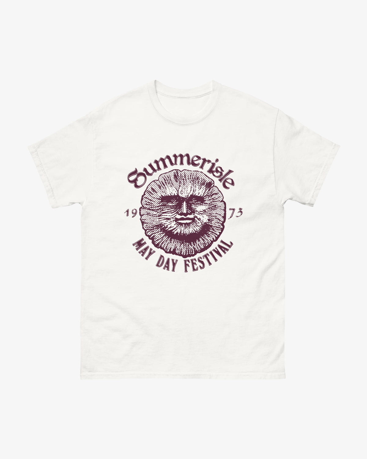 Summerisle tee in white with maroon halftone sun-face print