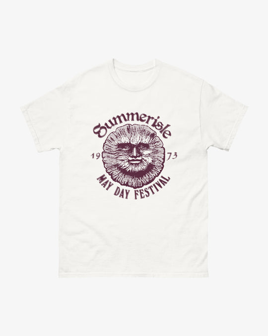 Summerisle t-shirt in white, halftone sun face with "Summerisle May Day Festival 1973" lettering, front view