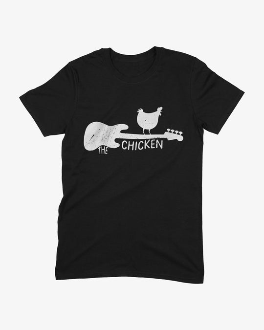 The Chicken t-shirt in black, white distressed bass guitar with a chicken perched on the neck and "THE CHICKEN" lettering, front view