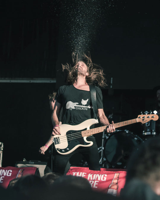The Chicken t-shirt in black, worn by a model