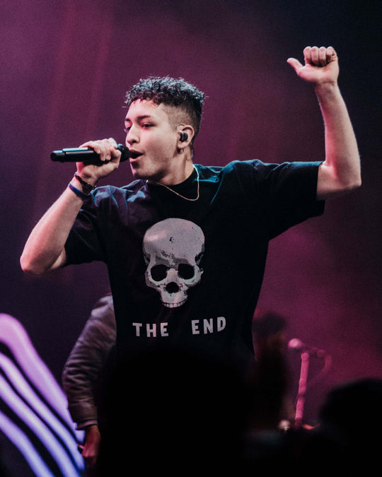 The End t-shirt in black, worn by a model