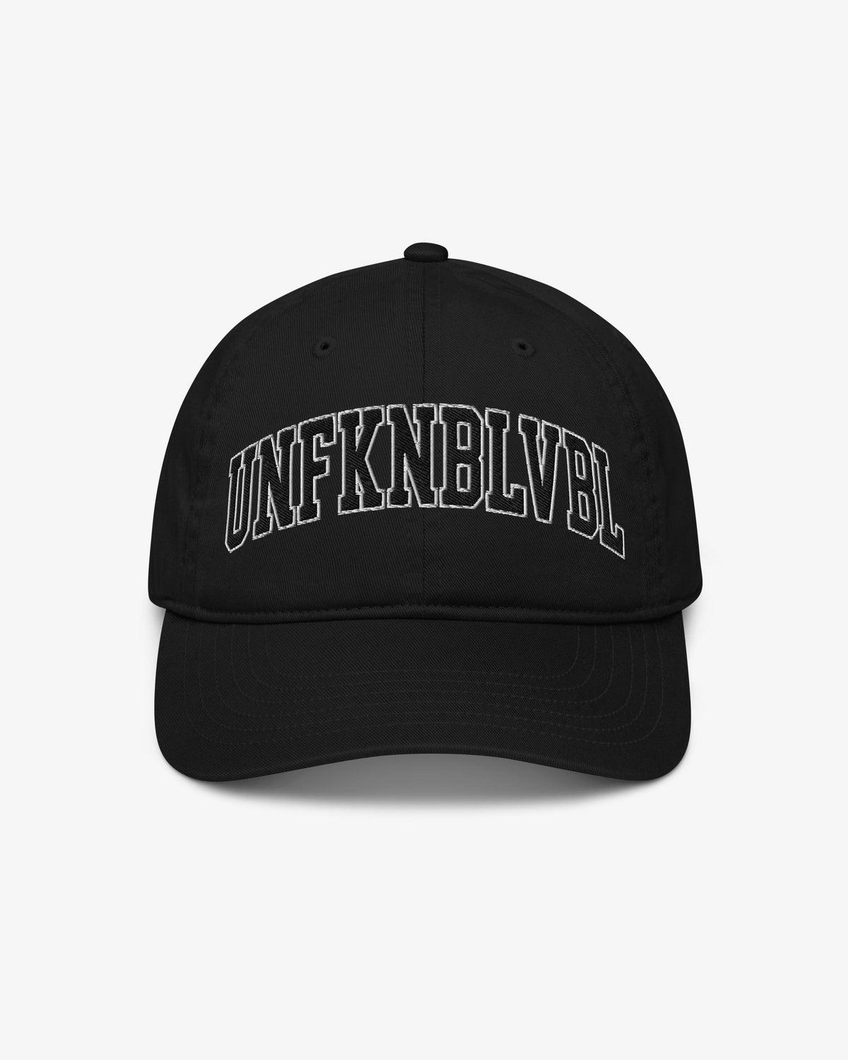 Unfknblvbl black cap, front view