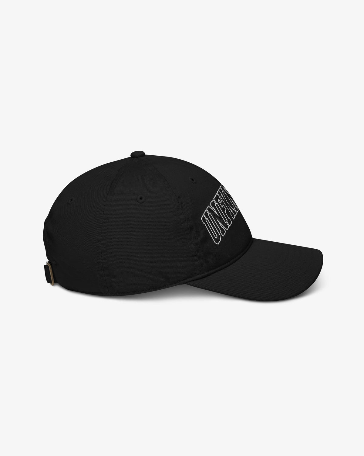 Unfknblvbl black cap, back view showing adjustable strap closure