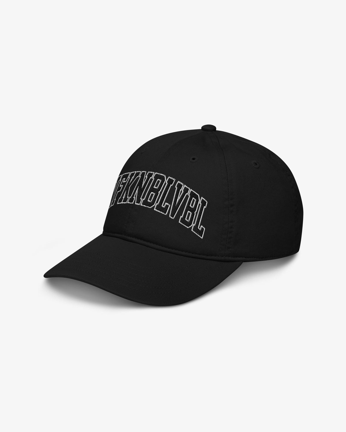 Brass slider strap closure detail on Unfknblvbl cap