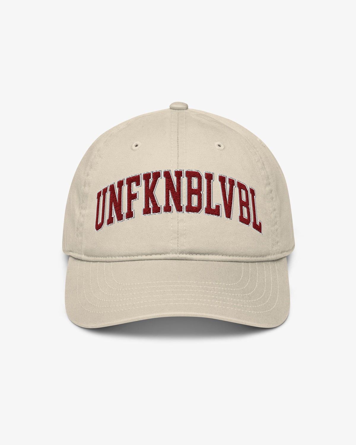Unfknblvbl cap in oyster with maroon embroidered wordmark, front view