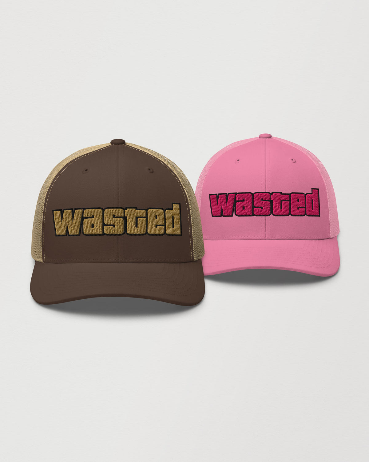 Wasted trucker hat shown in pink and brown/khaki