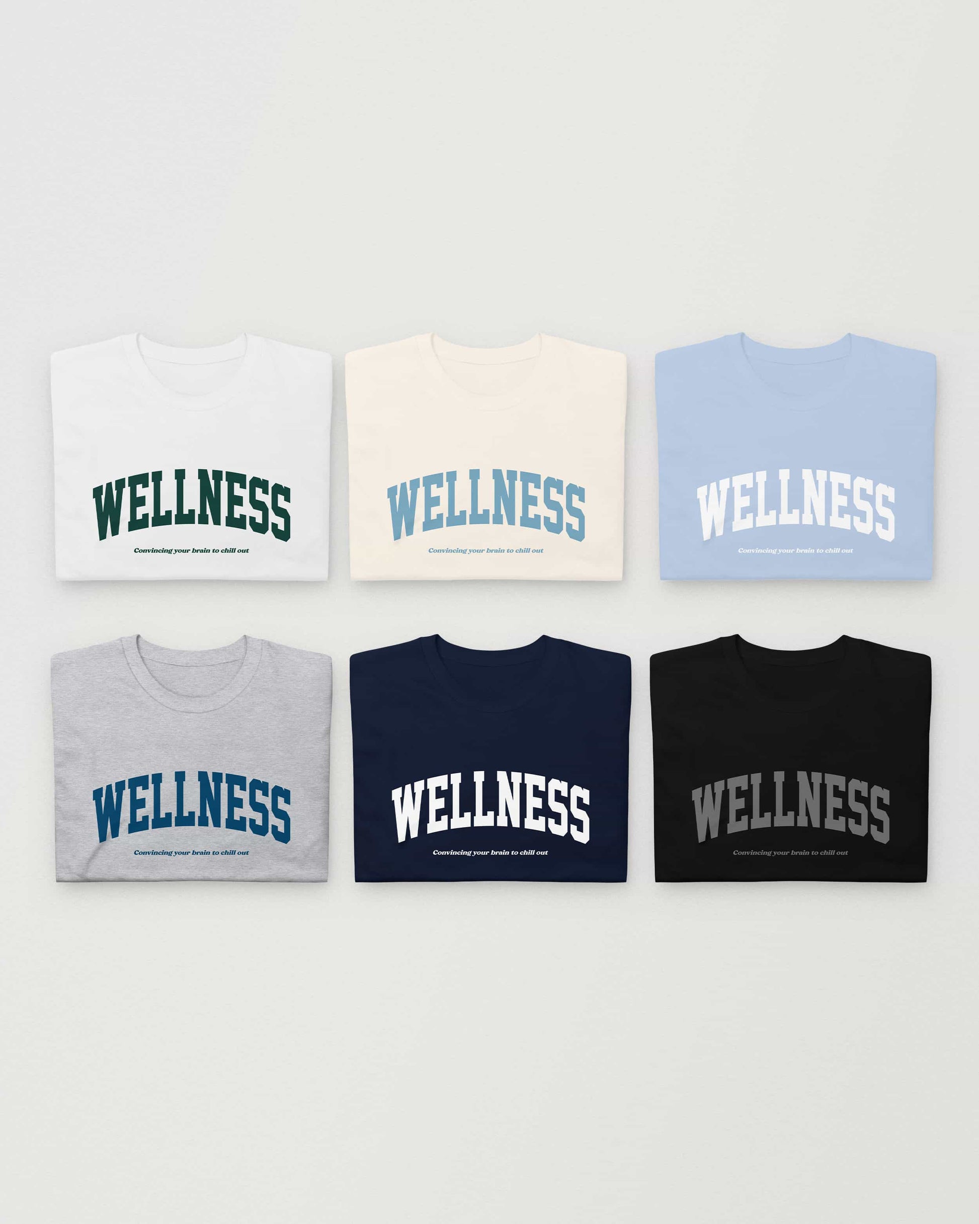 Wellness t-shirts in white, natural, light blue, sport grey, navy, and black – color variants collage – by Wearrs