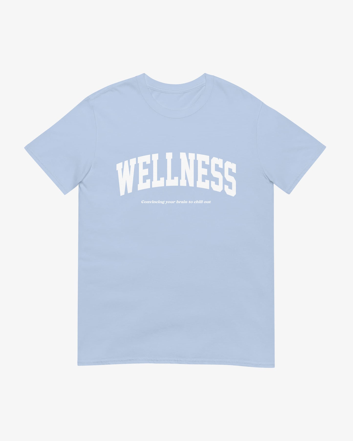Wellness graphic t-shirt in light blue – vintage athletic club aesthetic with a mental health twist – by Wearrs