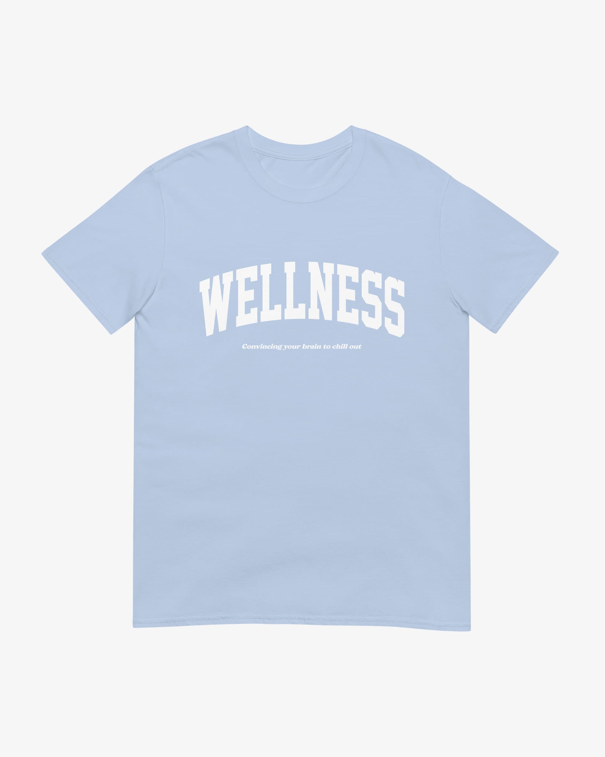 Wellness graphic t-shirt in light blue – vintage athletic club aesthetic with a mental health twist – by Wearrs