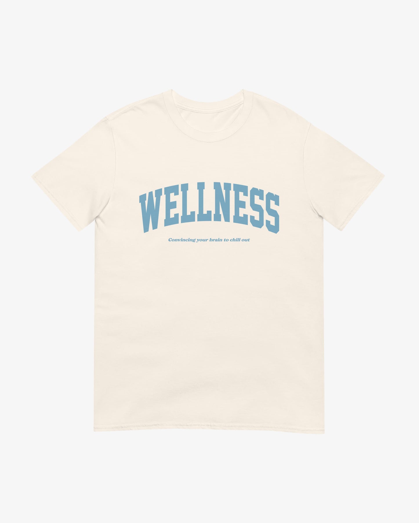 Wellness graphic t-shirt in natural – casual preppy tee promoting peace of mind and ironic luxury – by Wearrs