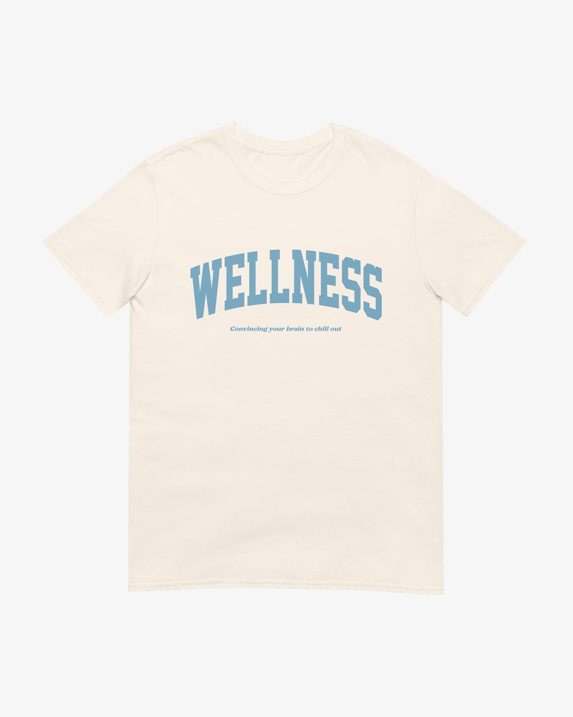 Wellness graphic t-shirt in natural – casual preppy tee promoting peace of mind and ironic luxury – by Wearrs